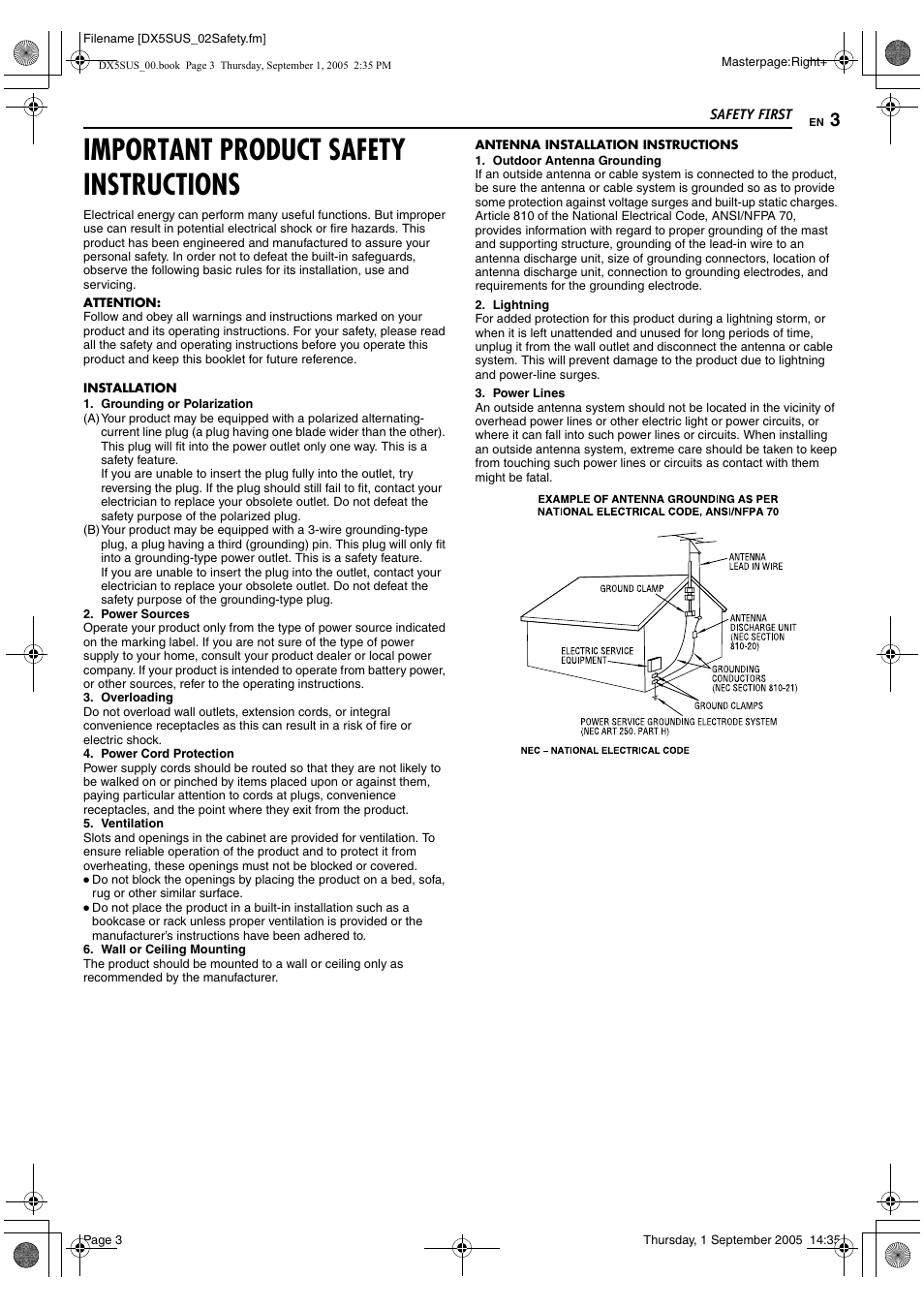 Important product safety instructions | JVC DR-DX5SU User Manual | Page 3 / 88