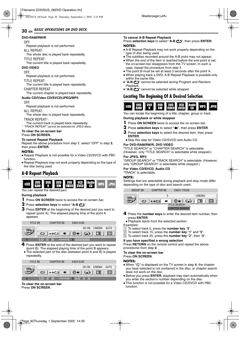 A pg. 30), R search function. (a pg. 30), A-b repeat playback | Locating the beginning of a desired selection | JVC DR-DX5SU User Manual | Page 30 / 88