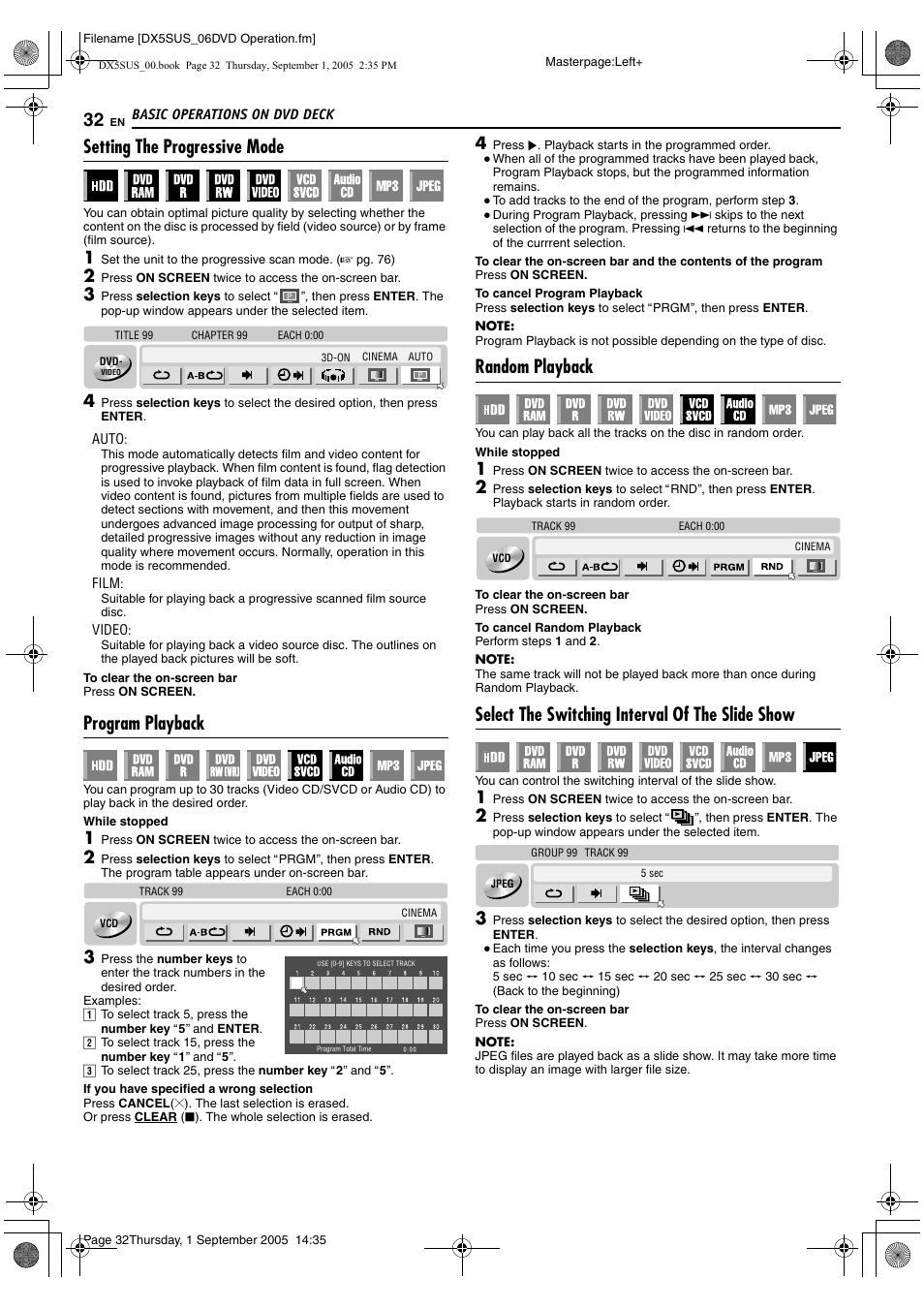 A pg. 32, A pg. 32), K. (a pg. 32) | Setting the progressive mode, Program playback, Random playback, Select the switching interval of the slide show | JVC DR-DX5SU User Manual | Page 32 / 88