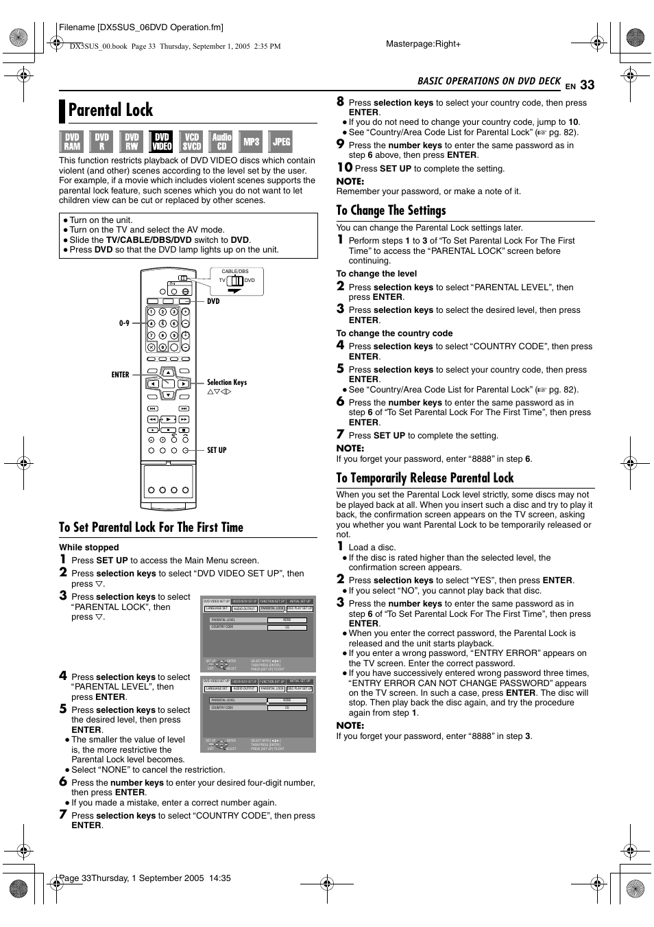 Parental lock, R to, Aparental lockb (a pg. 33) | Basic operations on dvd deck | JVC DR-DX5SU User Manual | Page 33 / 88