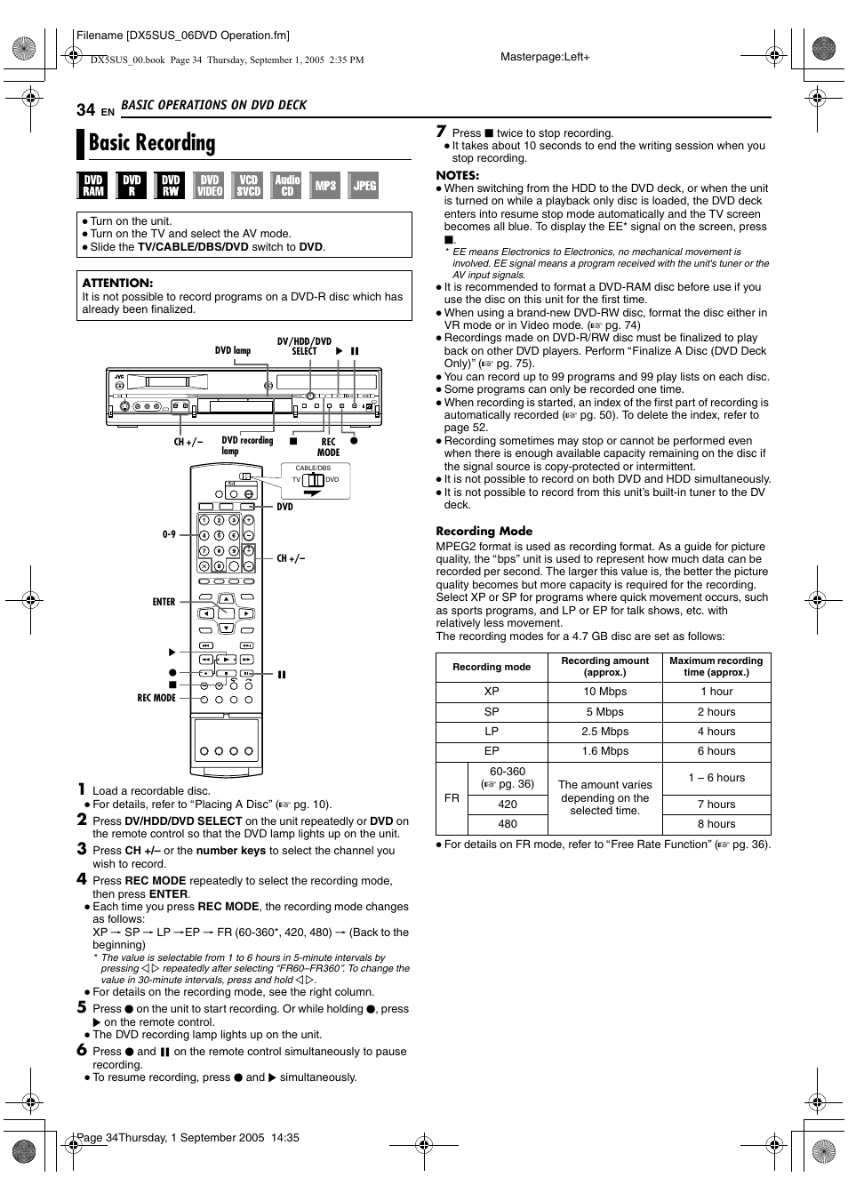 Basic recording, A pg. 34, 37, A pg. 34 | A pg. 34, 67 | JVC DR-DX5SU User Manual | Page 34 / 88