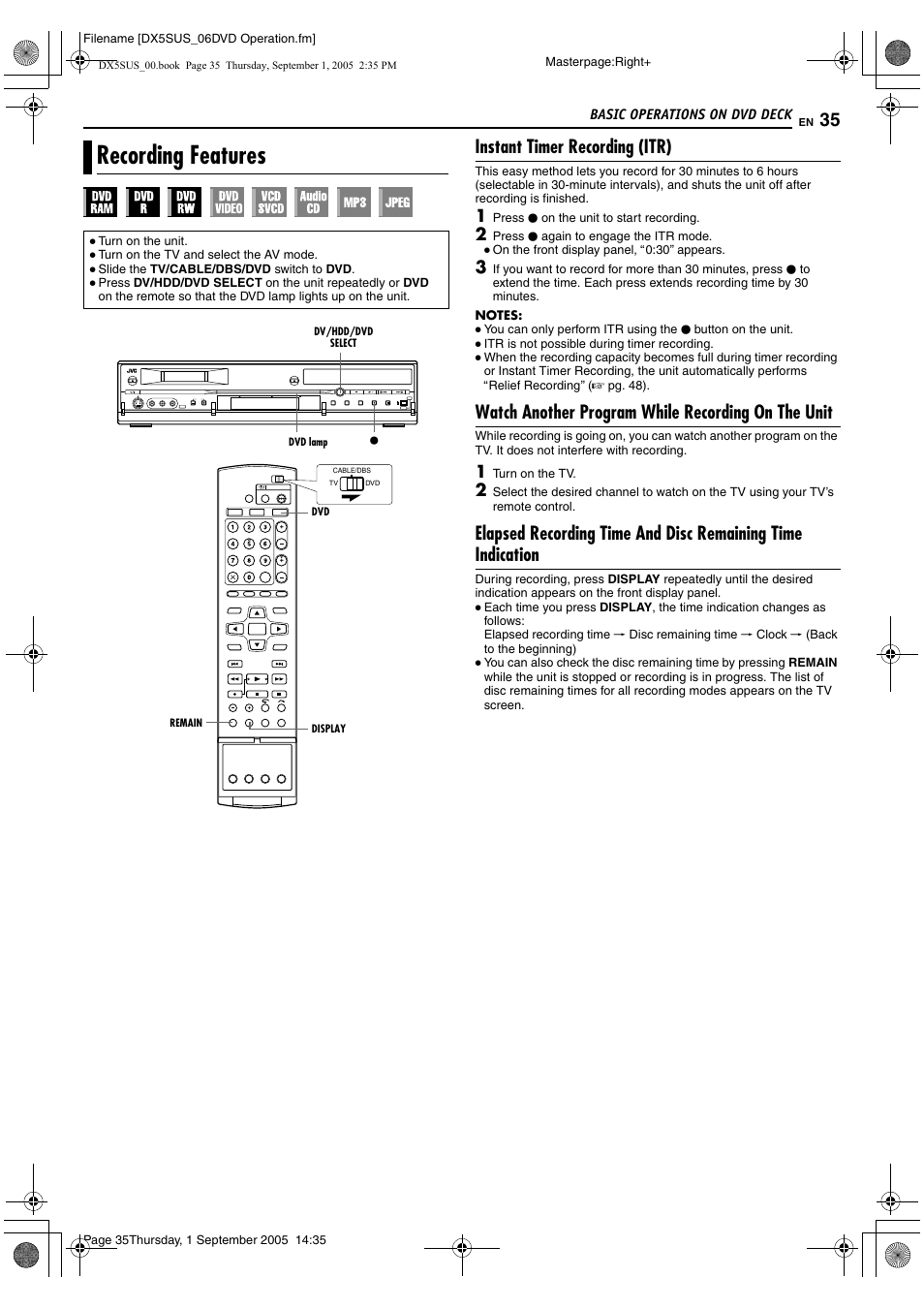 Recording features, Instant timer recording (itr), Watch another program while recording on the unit | JVC DR-DX5SU User Manual | Page 35 / 88