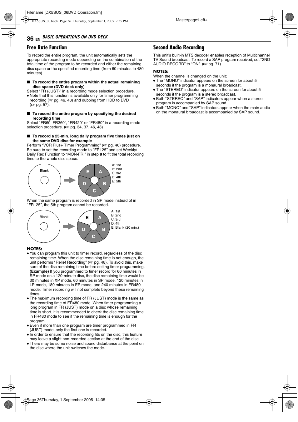 Afree rate functionb (a pg. 36), A pg. 36), Free rate function | Second audio recording | JVC DR-DX5SU User Manual | Page 36 / 88