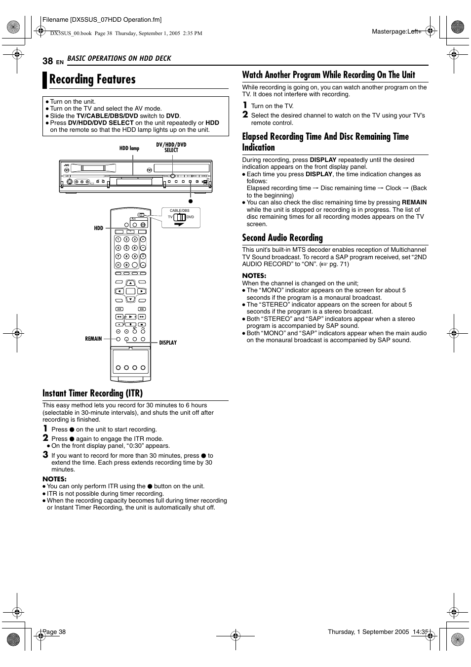 Recording features, Instant timer recording (itr), Watch another program while recording on the unit | Second audio recording | JVC DR-DX5SU User Manual | Page 38 / 88