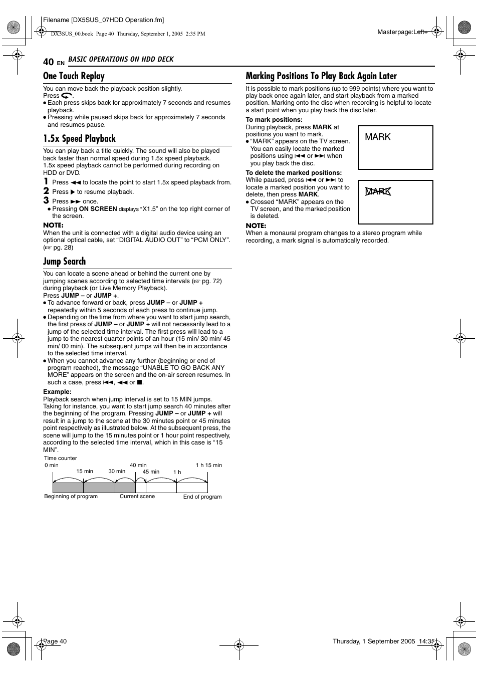 A pg. 40, One touch replay, 5x speed playback | Jump search, Marking positions to play back again later | JVC DR-DX5SU User Manual | Page 40 / 88