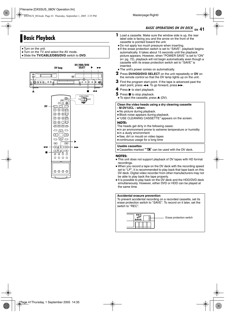 Basic operations on dv deck, Basic playback, A pg. 41 | A pg. 41, 42, A pg. 41, 4 | JVC DR-DX5SU User Manual | Page 41 / 88