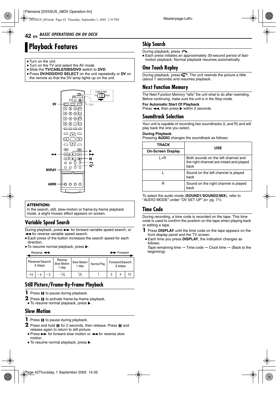 Playback features, A pg. 42, Variable speed search | Still picture/frame-by-frame playback, Slow motion, Skip search, One touch replay, Soundtrack selection, Time code | JVC DR-DX5SU User Manual | Page 42 / 88