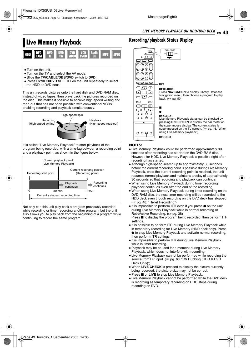 Live memory playback on hdd/dvd deck, Live memory playback, Recording/playback status display | JVC DR-DX5SU User Manual | Page 43 / 88