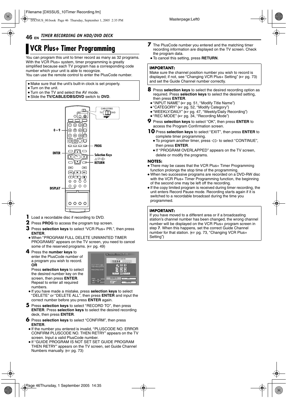 Timer recording on hdd/dvd deck, Vcr plus+ timer programming, A pg. 46, 48, 49 | Recording (a pg. 46, 48), Avcr plus+ timer programmingb (a pg. 46) pro, 8 to fit the total, Recording (a pg. 46, 48), o | JVC DR-DX5SU User Manual | Page 46 / 88