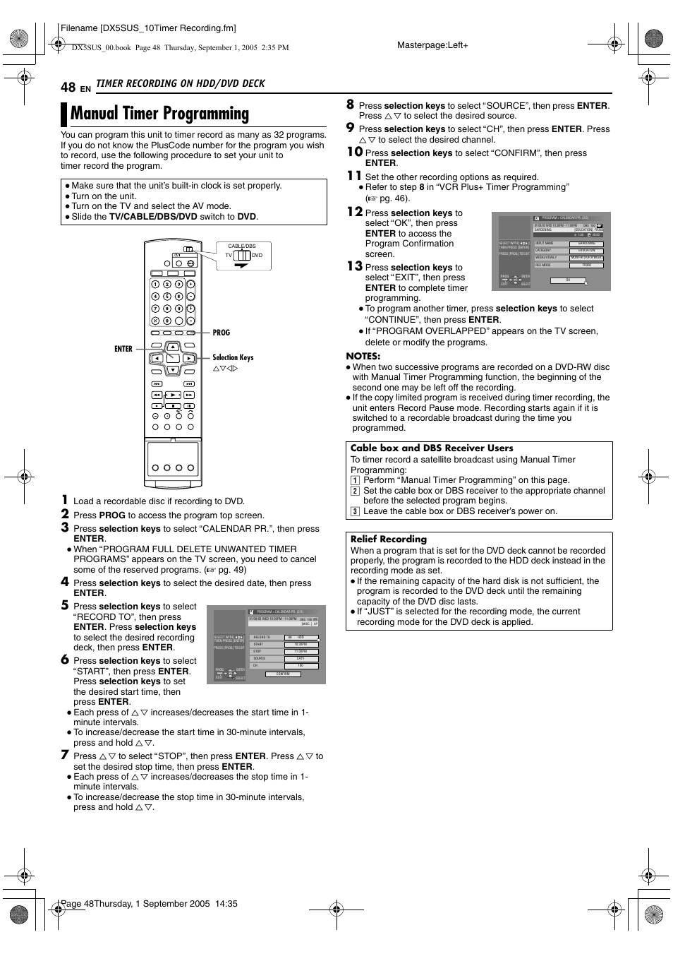 Manual timer programming, Arelief recordingb (a pg. 48). t, A pg. 48 | Arelief recordingb), Timer recording on hdd/dvd deck | JVC DR-DX5SU User Manual | Page 48 / 88