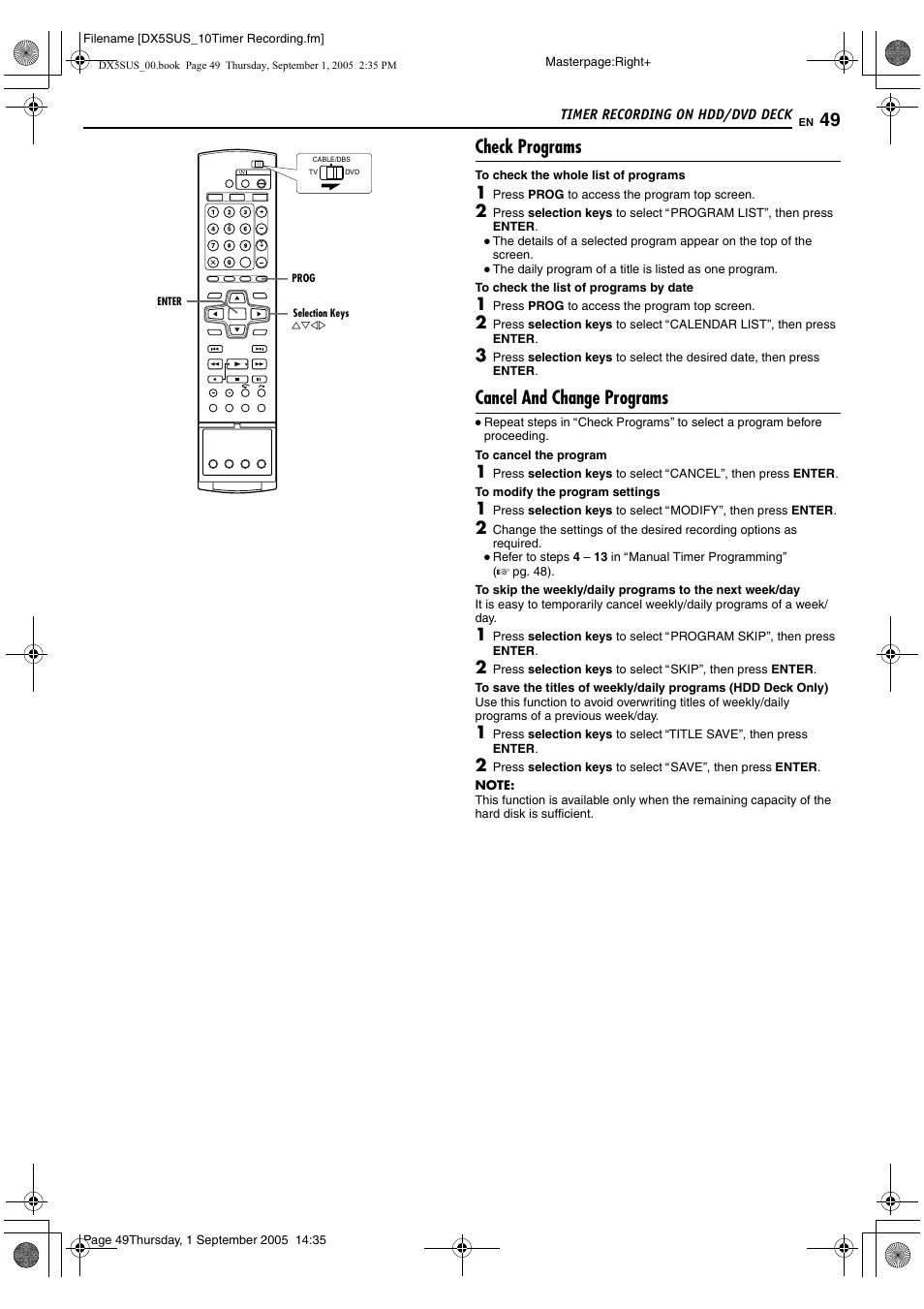 A pg. 49), Check programs, Cancel and change programs | JVC DR-DX5SU User Manual | Page 49 / 88