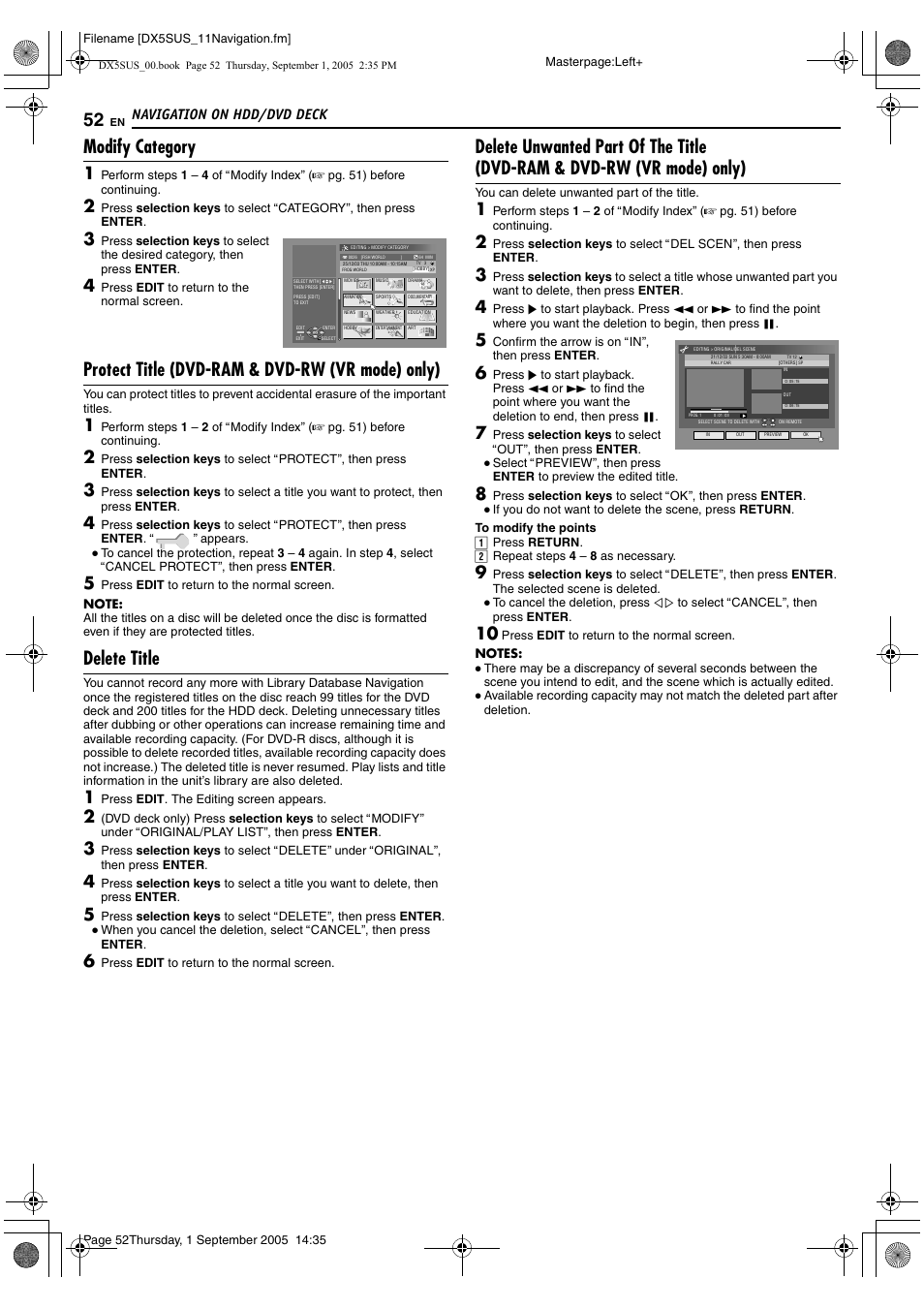 A pg. 52, amodify categoryb), Modify category, Protect title (dvd-ram & dvd-rw (vr mode) only) | Delete title, Navigation on hdd/dvd deck | JVC DR-DX5SU User Manual | Page 52 / 88
