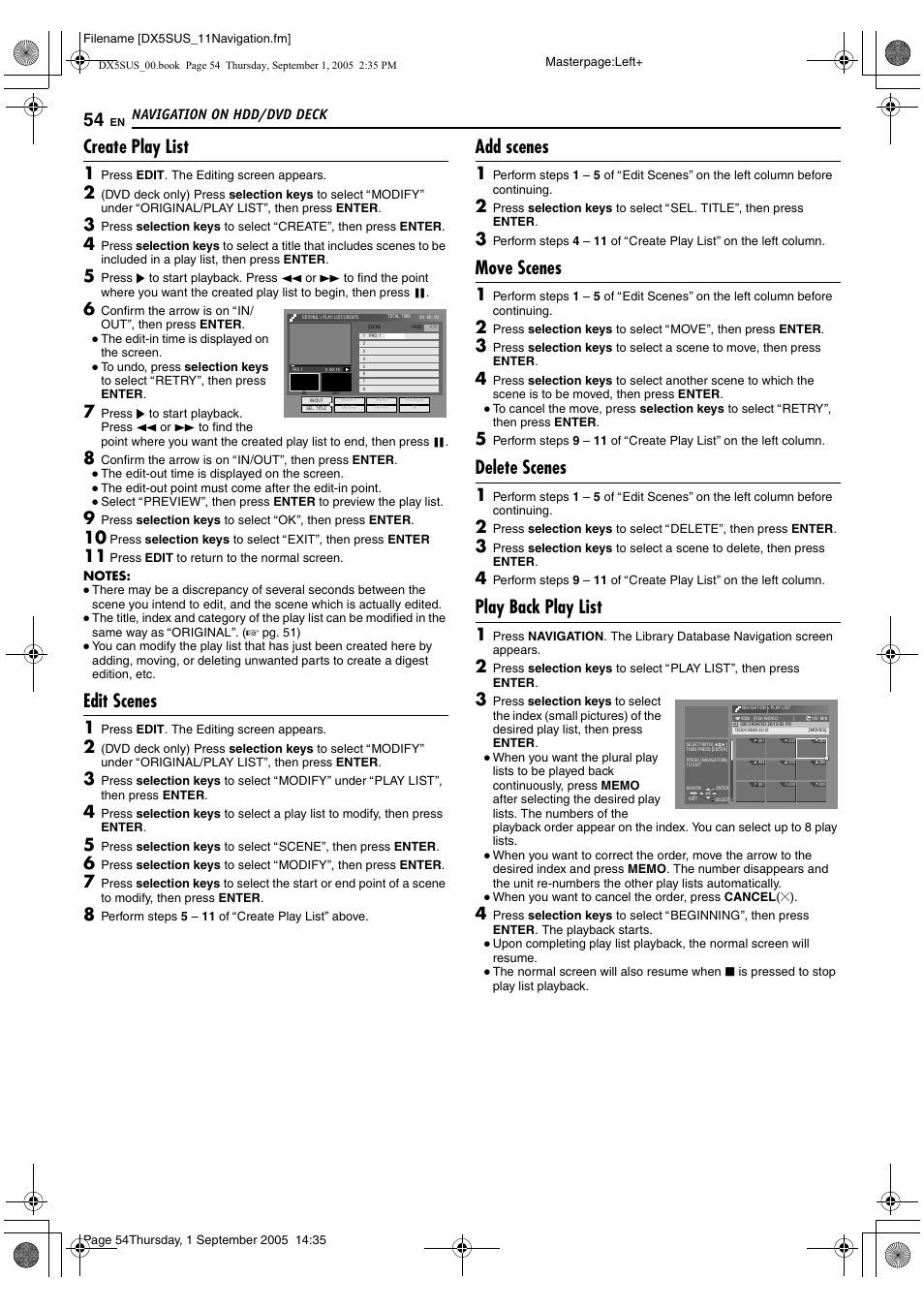Create play list, Edit scenes, Add scenes | Move scenes, Delete scenes, Play back play list, Navigation on hdd/dvd deck | JVC DR-DX5SU User Manual | Page 54 / 88