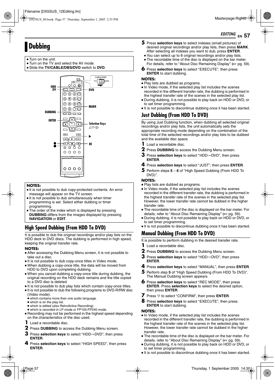 Editing, Dubbing, A pg. 57 | A pg. 57), High speed dubbing (from hdd to dvd), Just dubbing (from hdd to dvd), Manual dubbing (from hdd to dvd) | JVC DR-DX5SU User Manual | Page 57 / 88