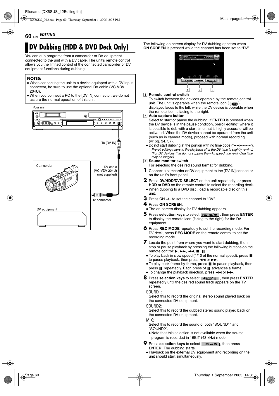 Dv dubbing (hdd & dvd deck only), A pg. 60, T. (a pg. 60 | Adv dubbing (hdd & dvd, Deck only), A pg. 60), Editing | JVC DR-DX5SU User Manual | Page 60 / 88