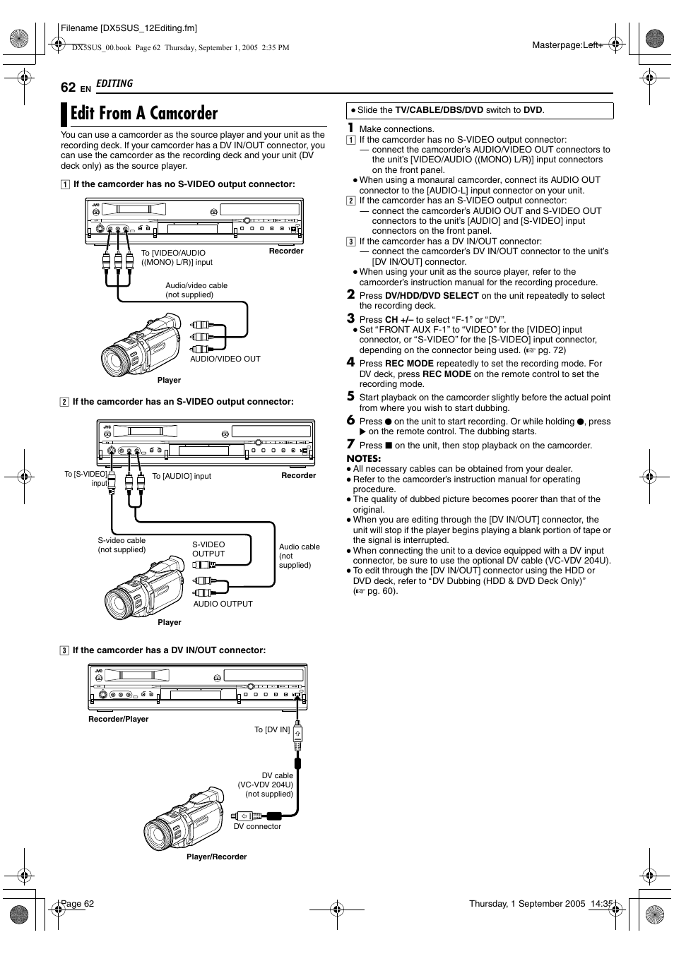 Edit from a camcorder, A pg. 62 | JVC DR-DX5SU User Manual | Page 62 / 88