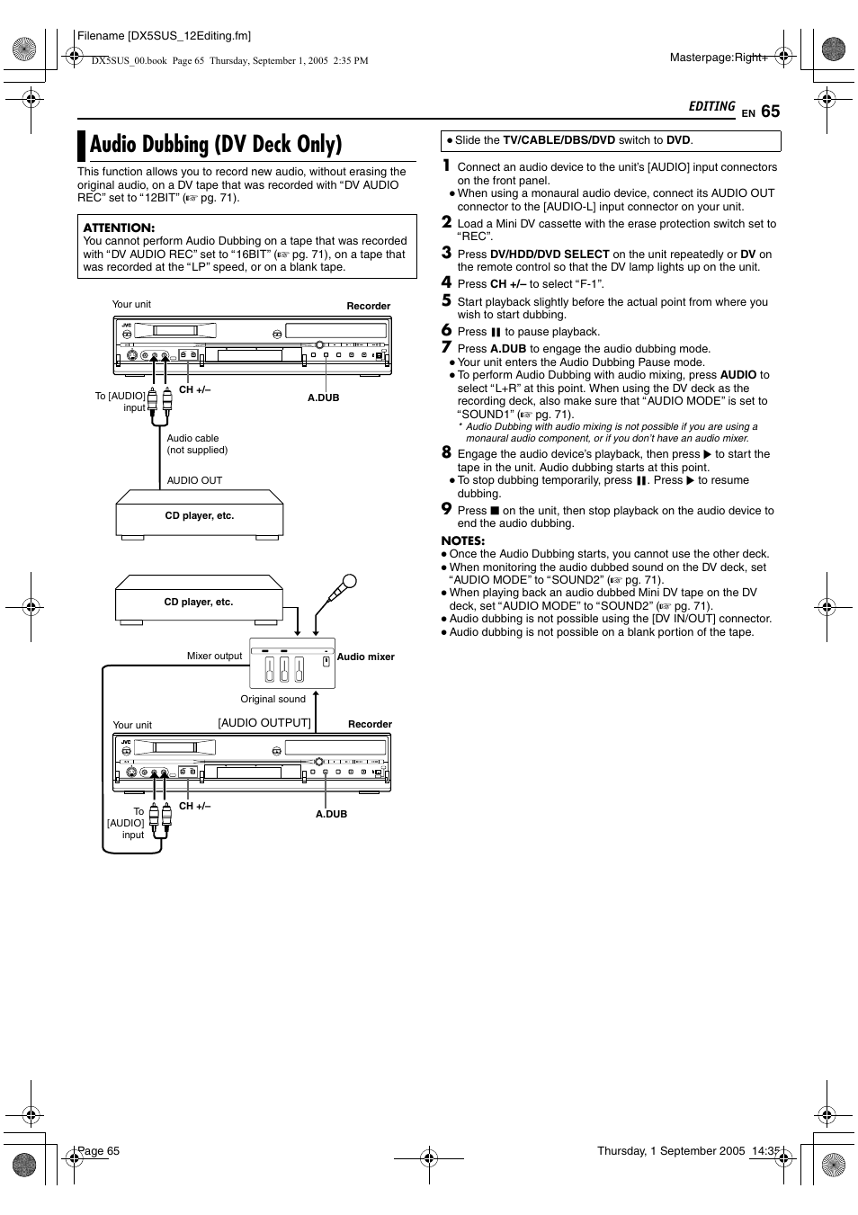 Audio dubbing (dv deck only), A pg. 65 | JVC DR-DX5SU User Manual | Page 65 / 88