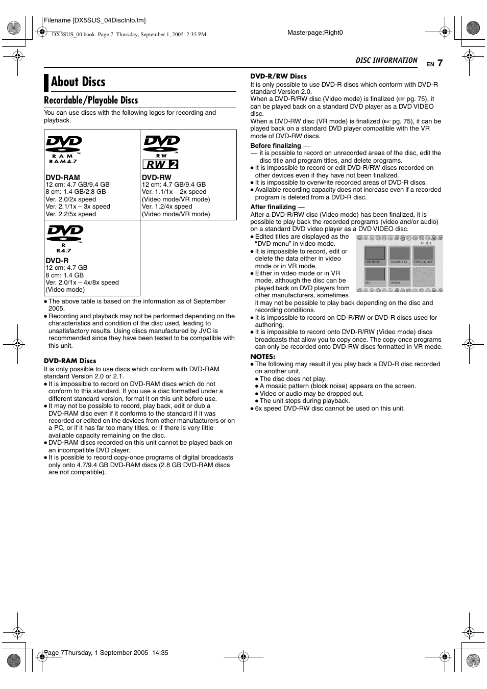 Disc information, About discs, Recordable/playable discs | JVC DR-DX5SU User Manual | Page 7 / 88