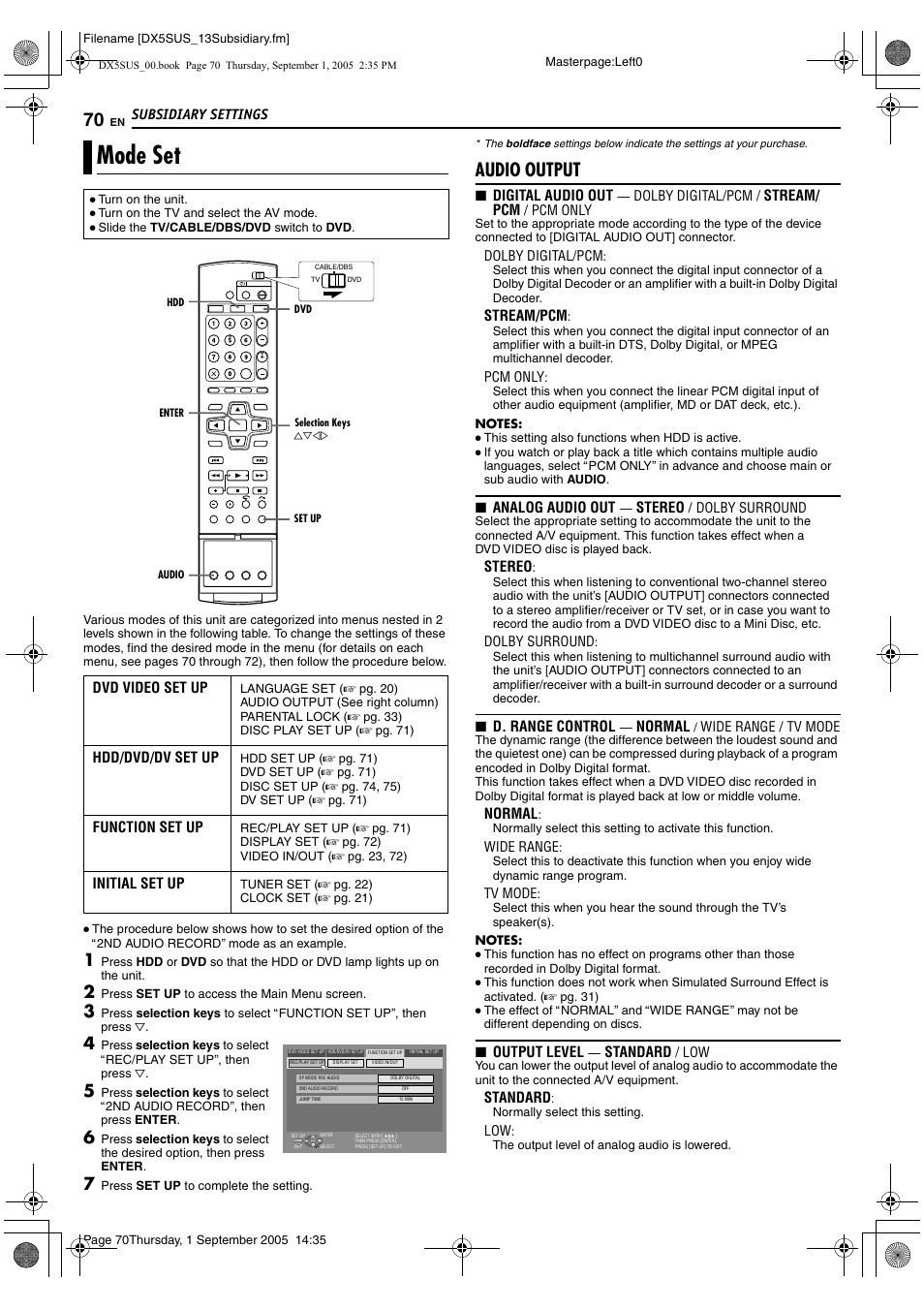 Subsidiary settings, Mode set, Audio output | JVC DR-DX5SU User Manual | Page 70 / 88