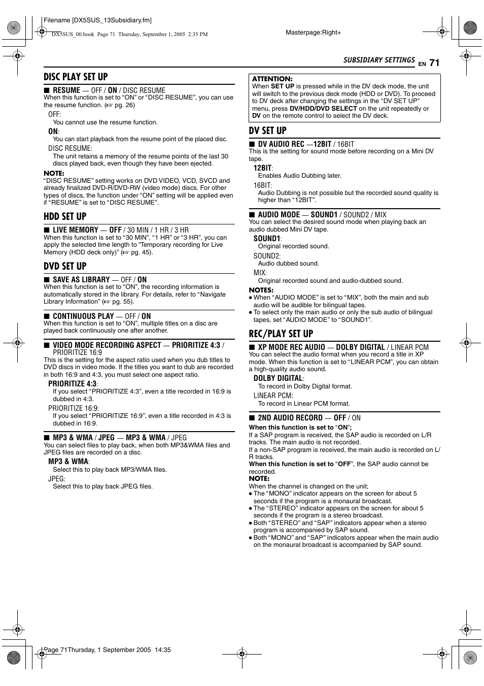 A pg. 71) f, A pg. 71), Pg. 71) | Ed (a pg. 71), Disc play set up, Hdd set up, Dvd set up, Dv set up, Rec/play set up | JVC DR-DX5SU User Manual | Page 71 / 88