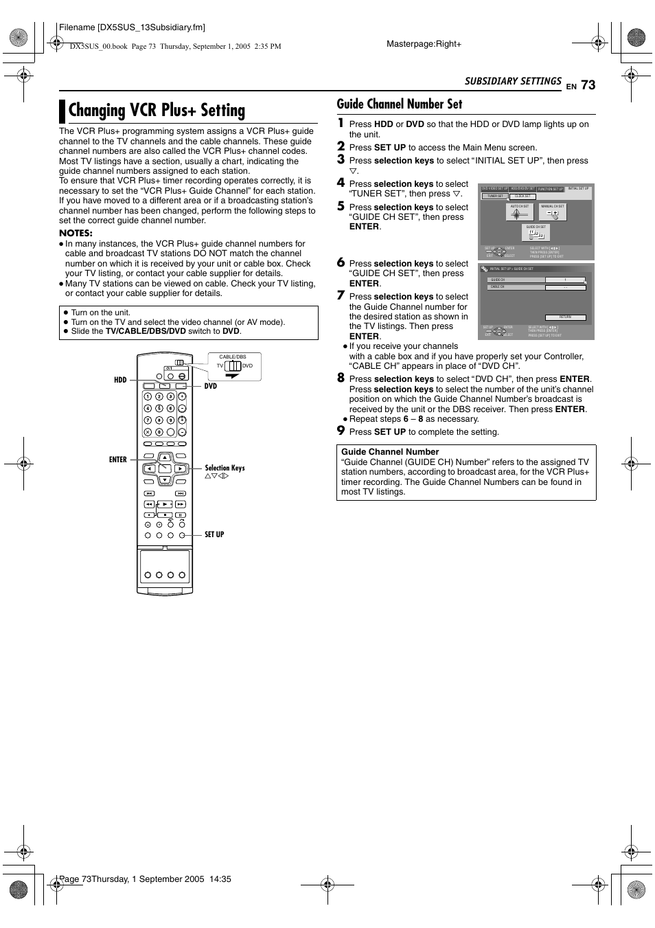 Changing vcr plus+ setting, A pg. 73), Achanging vcr plus+ settingb (a pg. 73) | A pg. 73, Achanging vcr plus, Setting, Guide channel number set, Subsidiary settings | JVC DR-DX5SU User Manual | Page 73 / 88