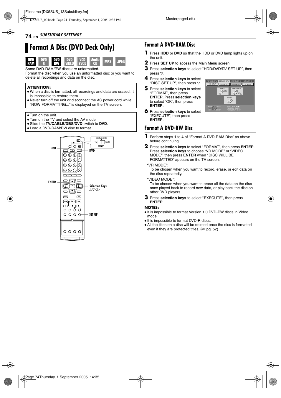 Format a disc (dvd deck only), A pg. 74, A pg. 74) | A pg. 74, 75), Format a dvd-ram disc, Format a dvd-rw disc, Subsidiary settings | JVC DR-DX5SU User Manual | Page 74 / 88