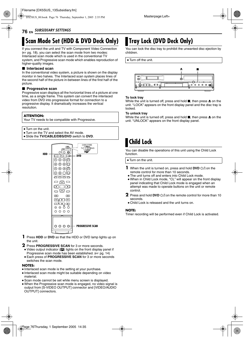 Scan mode set (hdd & dvd deck only), Tray lock (dvd deck only), Child lock | A pg. 76, Ascan mode set (hdd & dvd deck, Only), B (a pg. 76), A pg. 76) | JVC DR-DX5SU User Manual | Page 76 / 88
