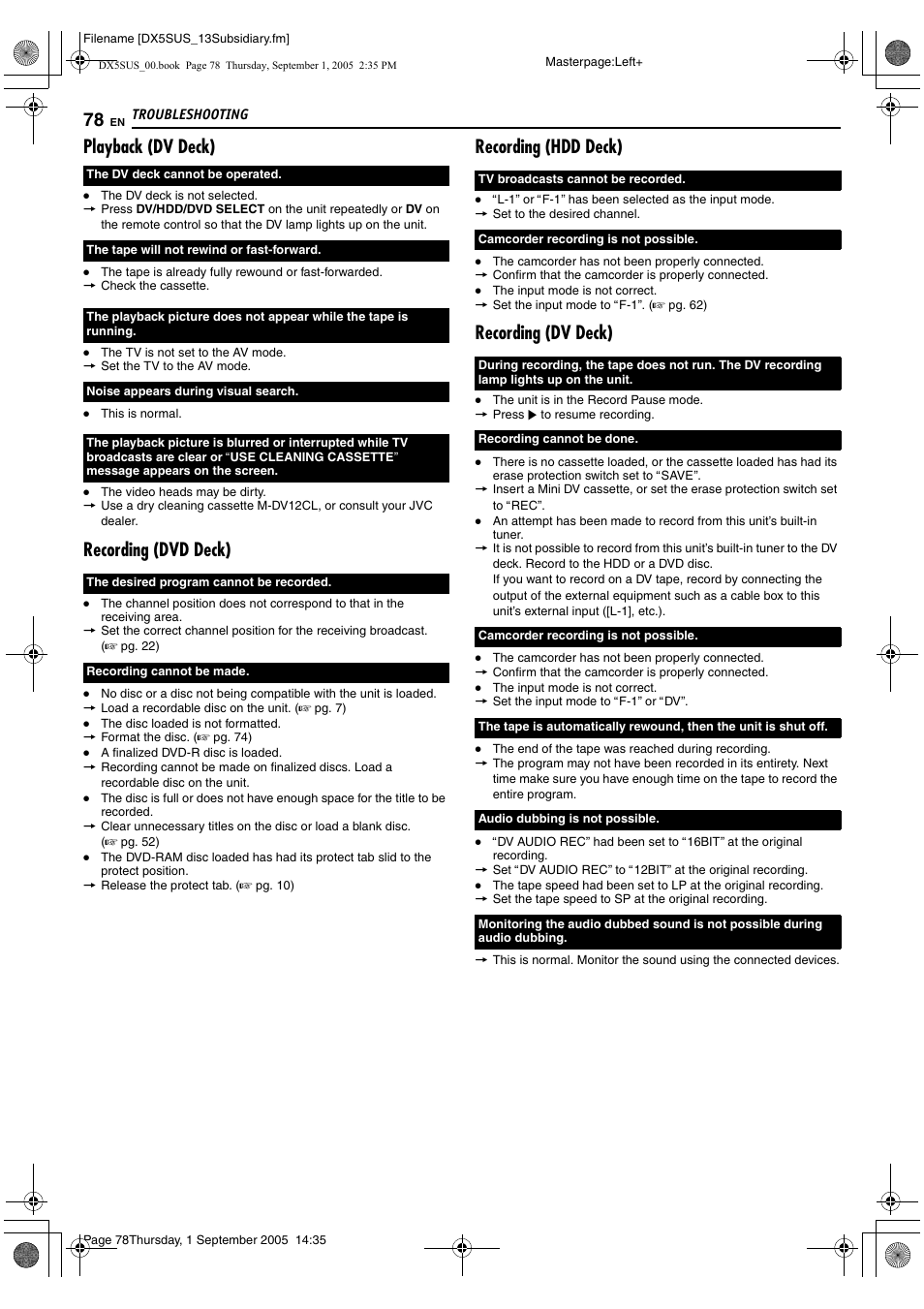 Playback (dv deck), Recording (dvd deck), Recording (hdd deck) | Recording (dv deck) | JVC DR-DX5SU User Manual | Page 78 / 88