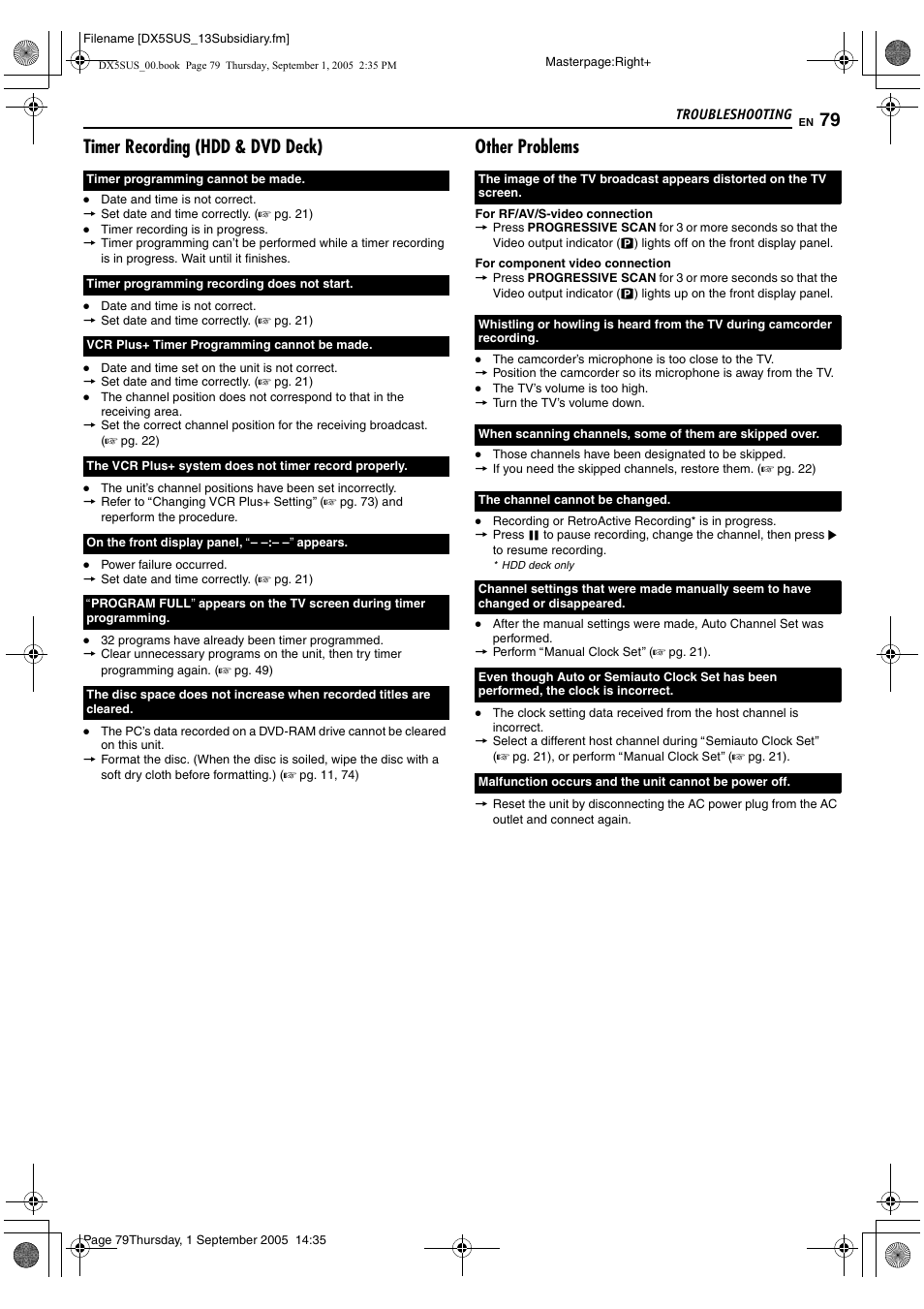 Timer recording (hdd & dvd deck), Other problems | JVC DR-DX5SU User Manual | Page 79 / 88