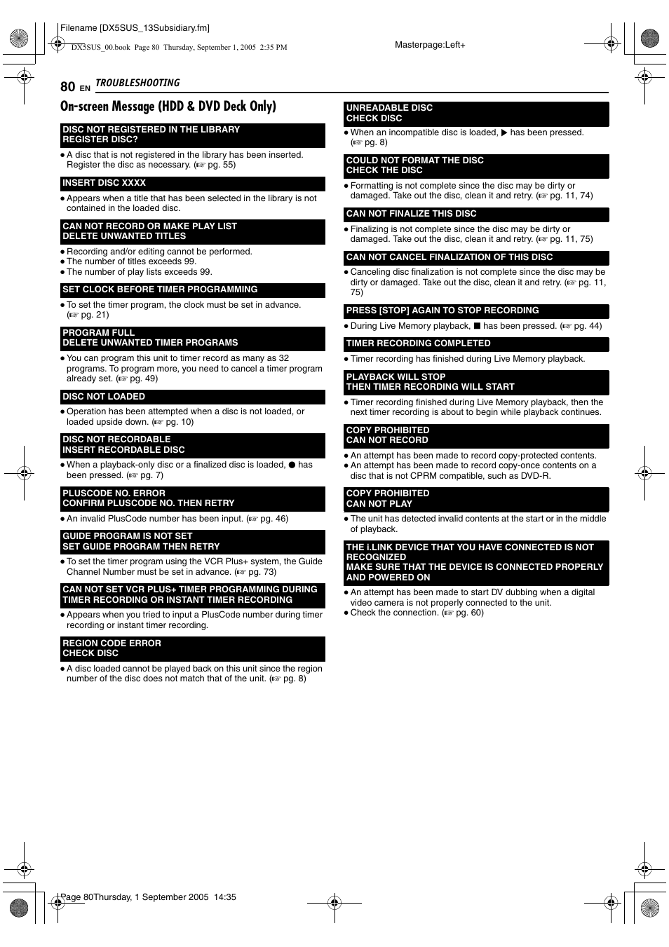 On-screen message (hdd & dvd deck only) | JVC DR-DX5SU User Manual | Page 80 / 88
