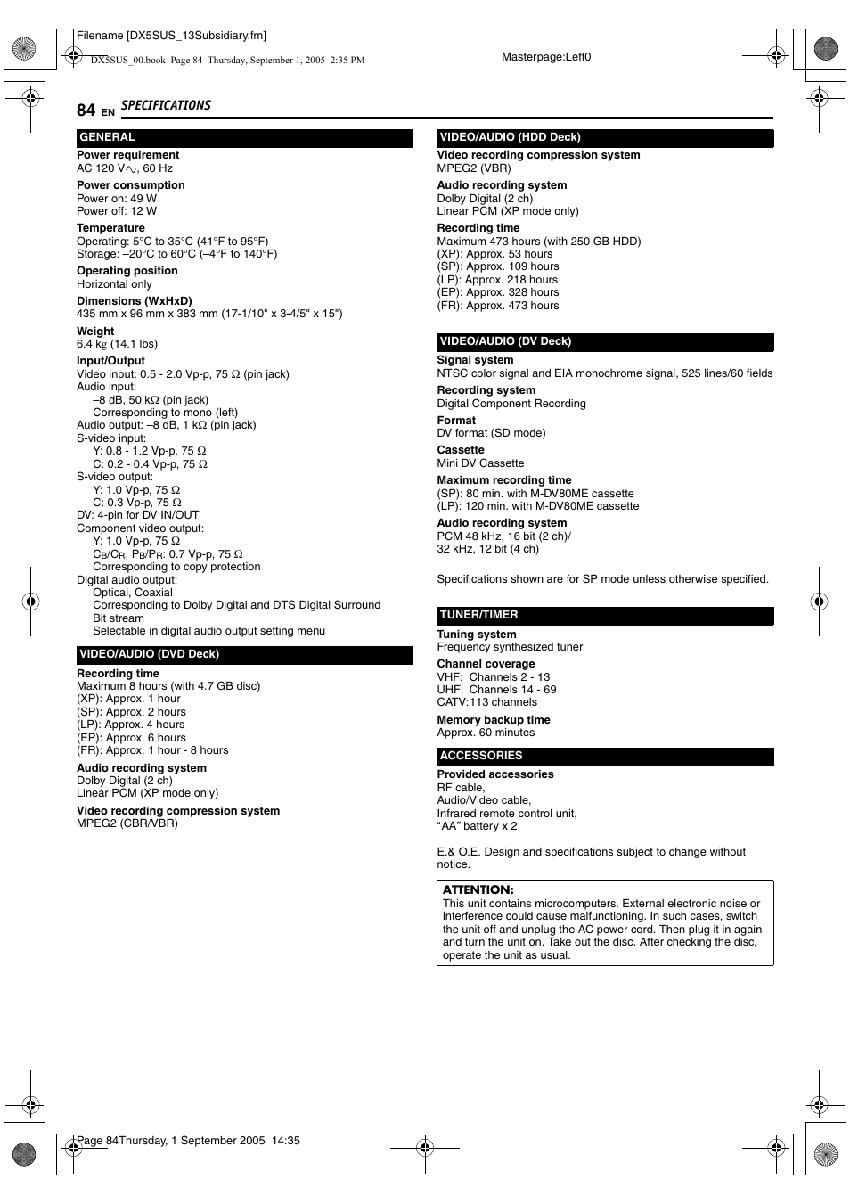Specifications, Aspecificationsb (a pg. 84) | JVC DR-DX5SU User Manual | Page 84 / 88