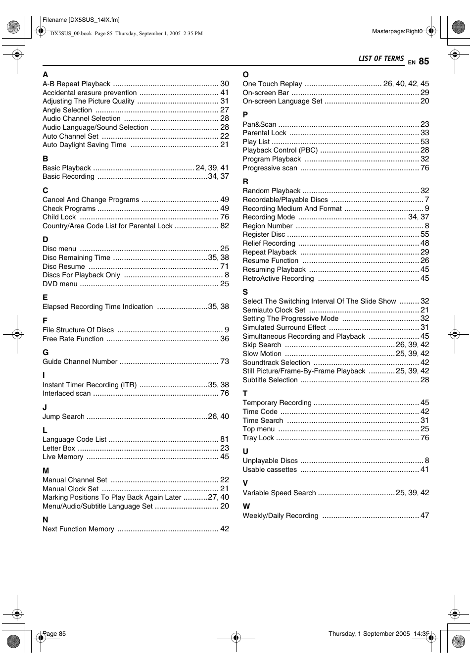 List of terms | JVC DR-DX5SU User Manual | Page 85 / 88