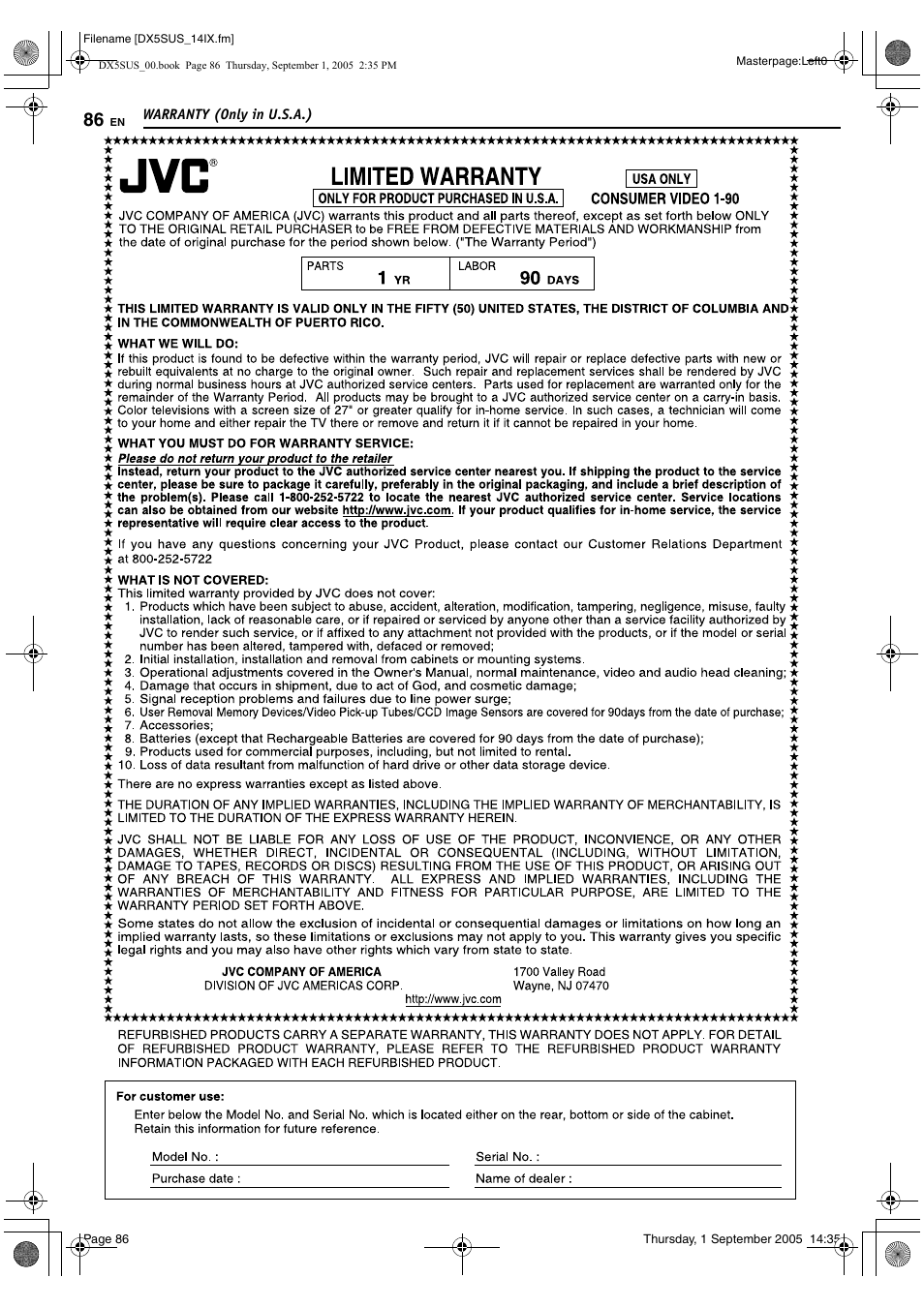 Warranty (only in u.s.a.) | JVC DR-DX5SU User Manual | Page 86 / 88