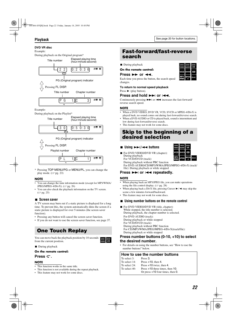 One touch replay, Playback, Press | Press y or 1, Press and hold x or 4, Press x or 4 repeatedly, How to use the number buttons | JVC TH-S66 User Manual | Page 25 / 49