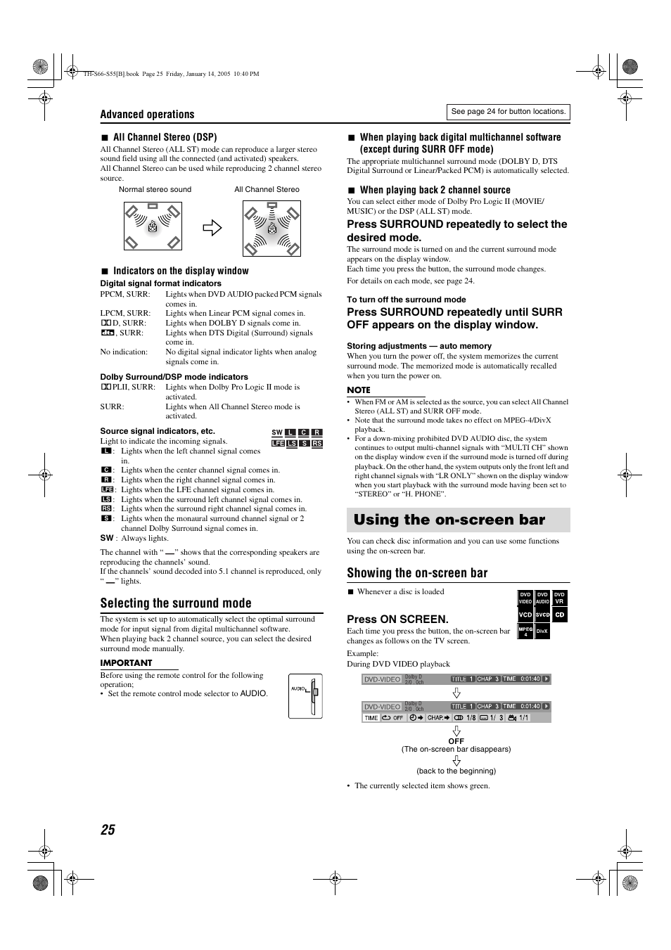 Using the on-screen bar, Selecting the surround mode, Showing the on-screen bar | Advanced operations, Press on screen | JVC TH-S66 User Manual | Page 28 / 49