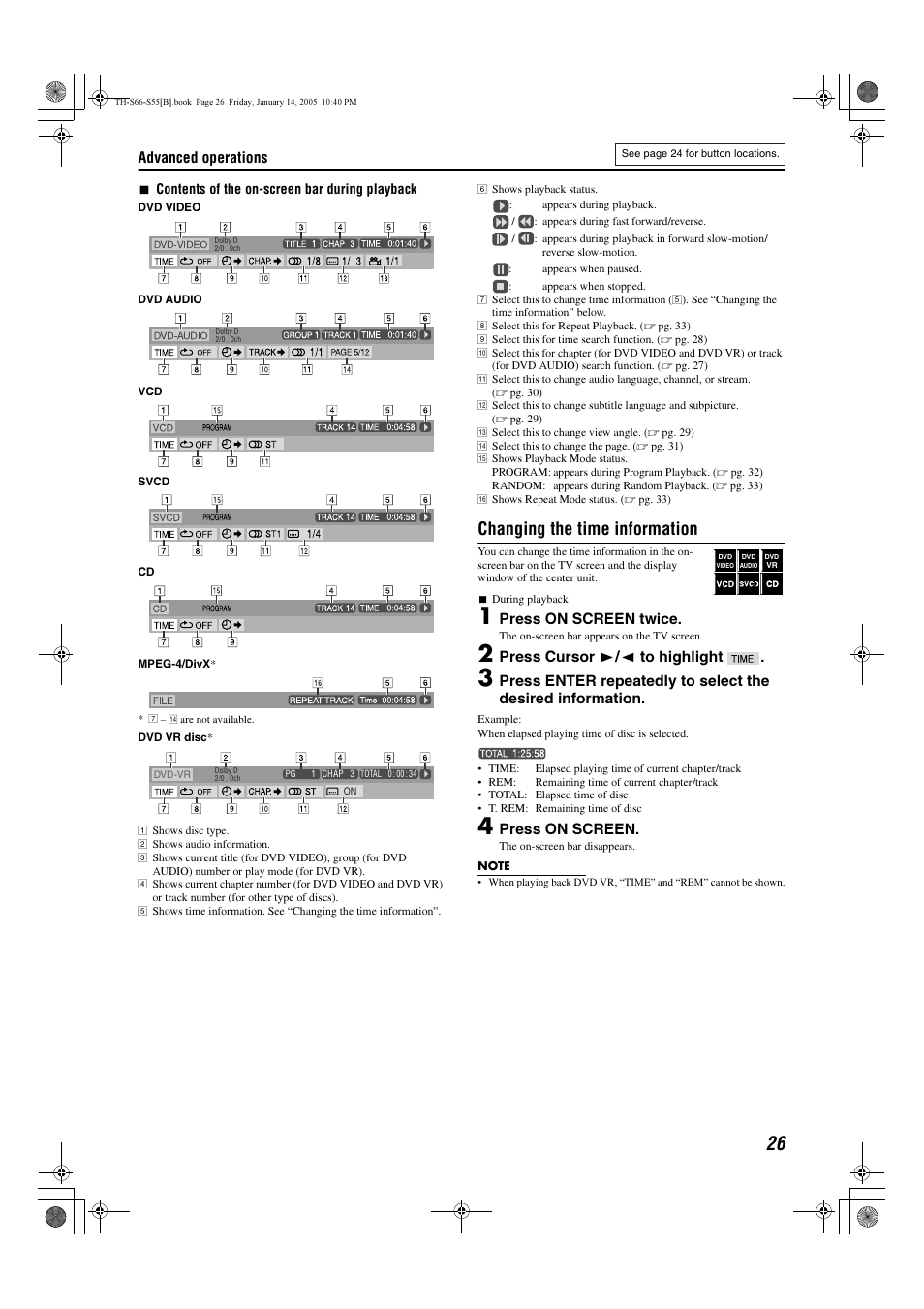 Changing the time information, Advanced operations, Press on screen twice | Press cursor 3/2 to highlight, Press on screen | JVC TH-S66 User Manual | Page 29 / 49