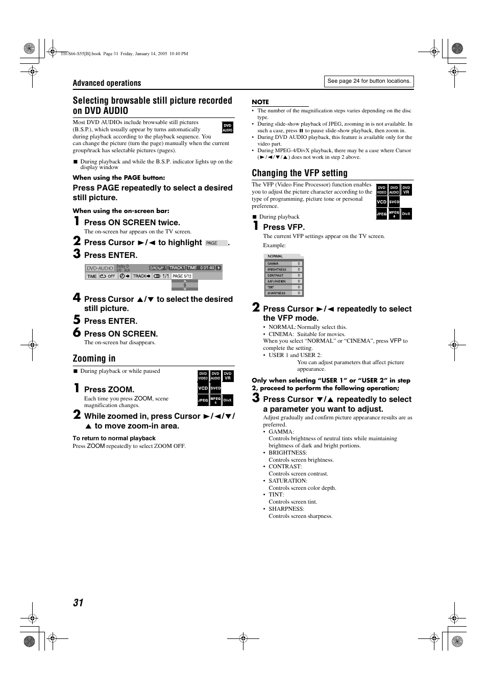 Zooming in, Changing the vfp setting | JVC TH-S66 User Manual | Page 34 / 49