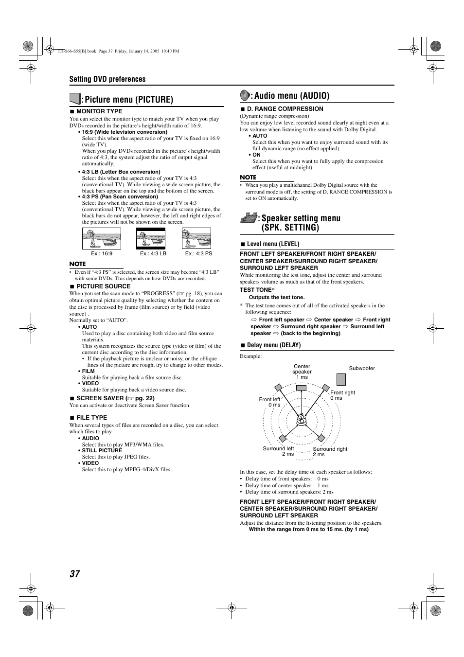 Picture menu (picture), Audio menu (audio), Speaker setting menu (spk. setting) | Setting dvd preferences | JVC TH-S66 User Manual | Page 40 / 49