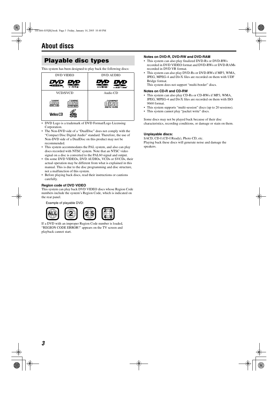 About discs, Playable disc types | JVC TH-S66 User Manual | Page 6 / 49