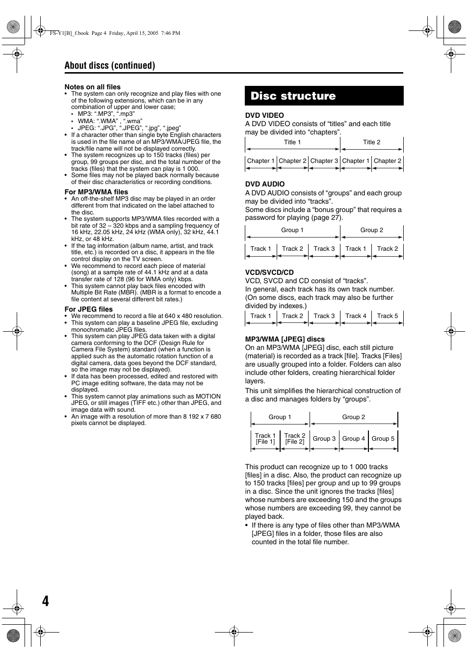 Disc structure, About discs (continued) | JVC 0405AIMMDWJEM User Manual | Page 10 / 50