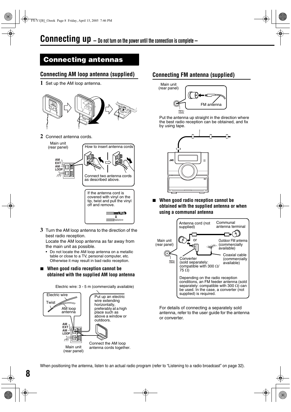 Connecting up, Connecting antennas, Connection | Connecting am loop antenna (supplied) 1, Connecting fm antenna (supplied) | JVC 0405AIMMDWJEM User Manual | Page 14 / 50