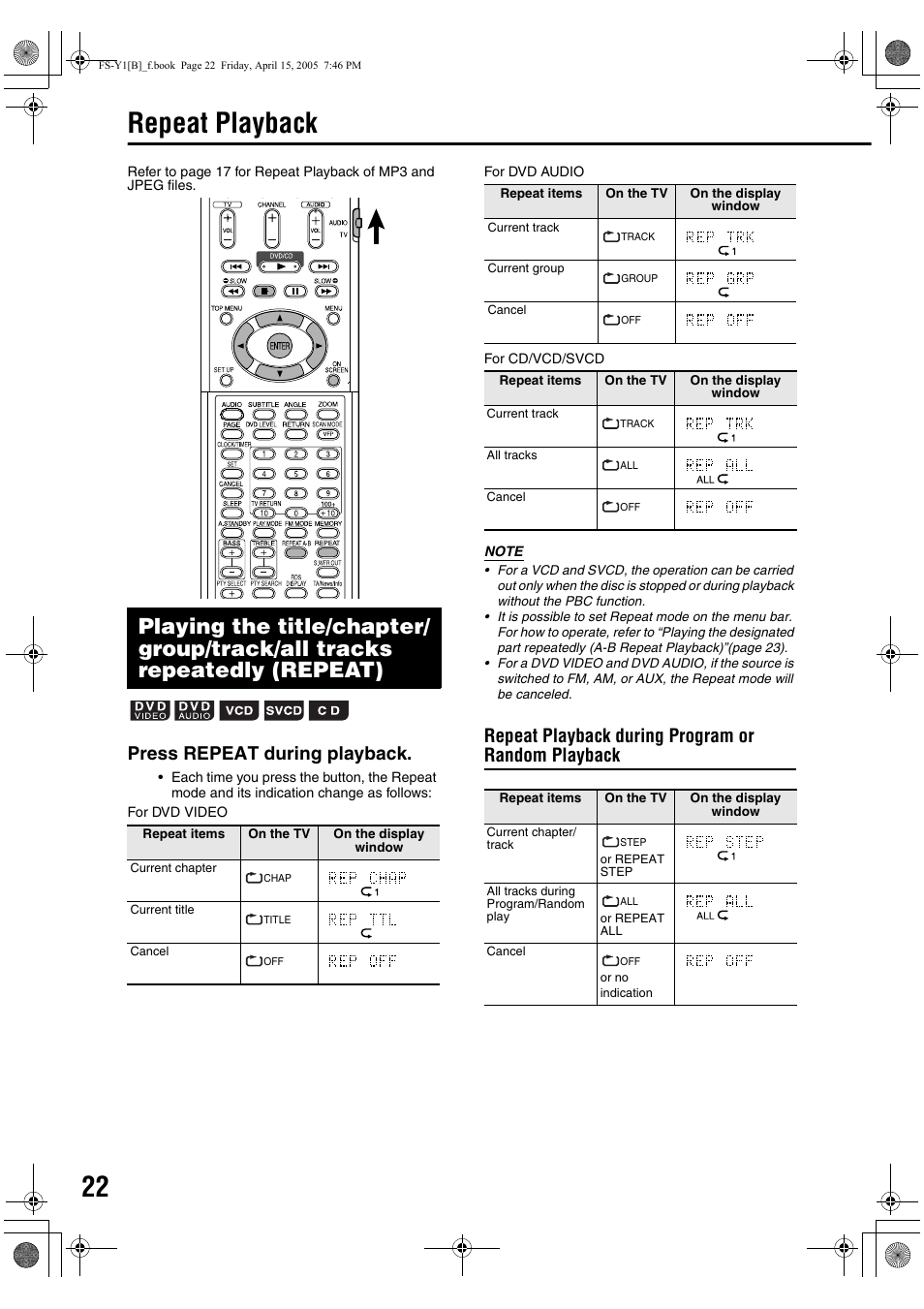 Repeat playback, Press repeat during playback, Repeat playback during program or random playback | JVC 0405AIMMDWJEM User Manual | Page 28 / 50