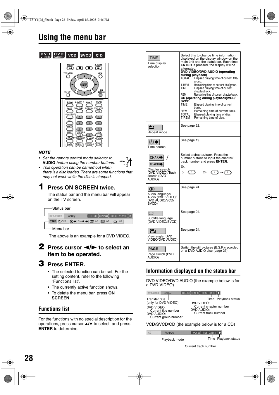 Using the menu bar, Press on screen twice, Press cursor | Press enter, Functions list, Information displayed on the status bar | JVC 0405AIMMDWJEM User Manual | Page 34 / 50