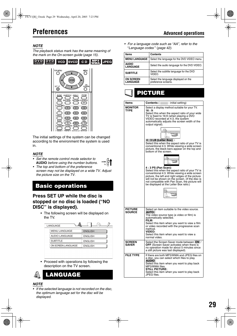 Preferences, Basic operations language, Picture | Advanced operations | JVC 0405AIMMDWJEM User Manual | Page 35 / 50