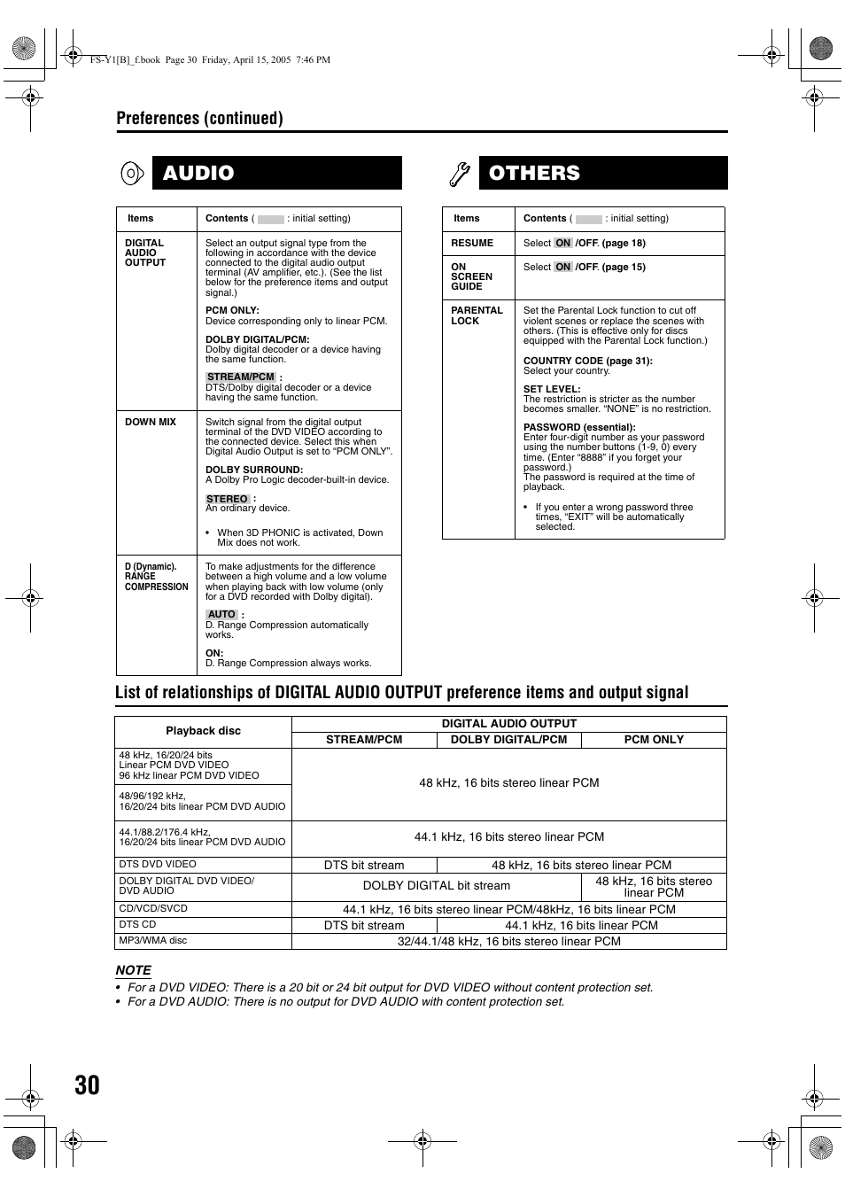 Audio, Others, Preferences (continued) | JVC 0405AIMMDWJEM User Manual | Page 36 / 50