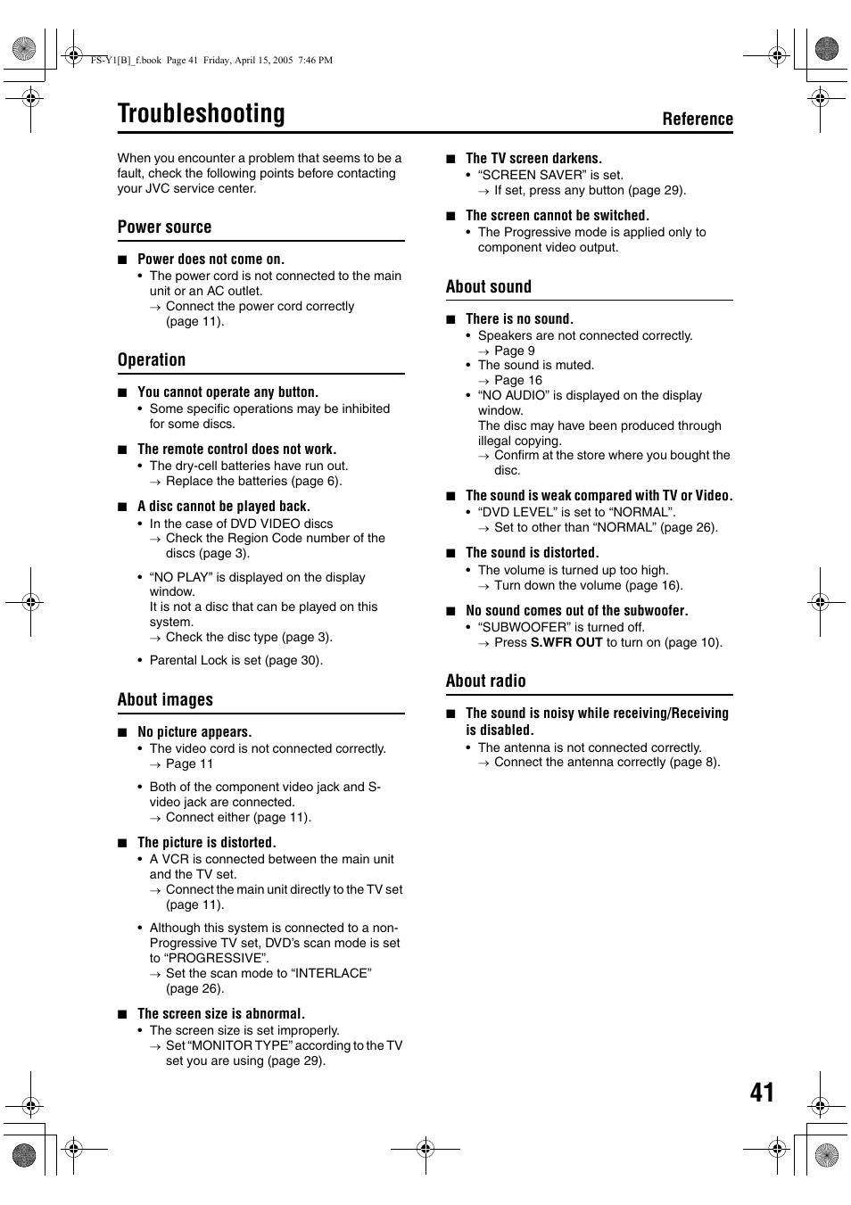 Troubleshooting, Reference, Power source | Operation, About images, About sound, About radio | JVC 0405AIMMDWJEM User Manual | Page 47 / 50