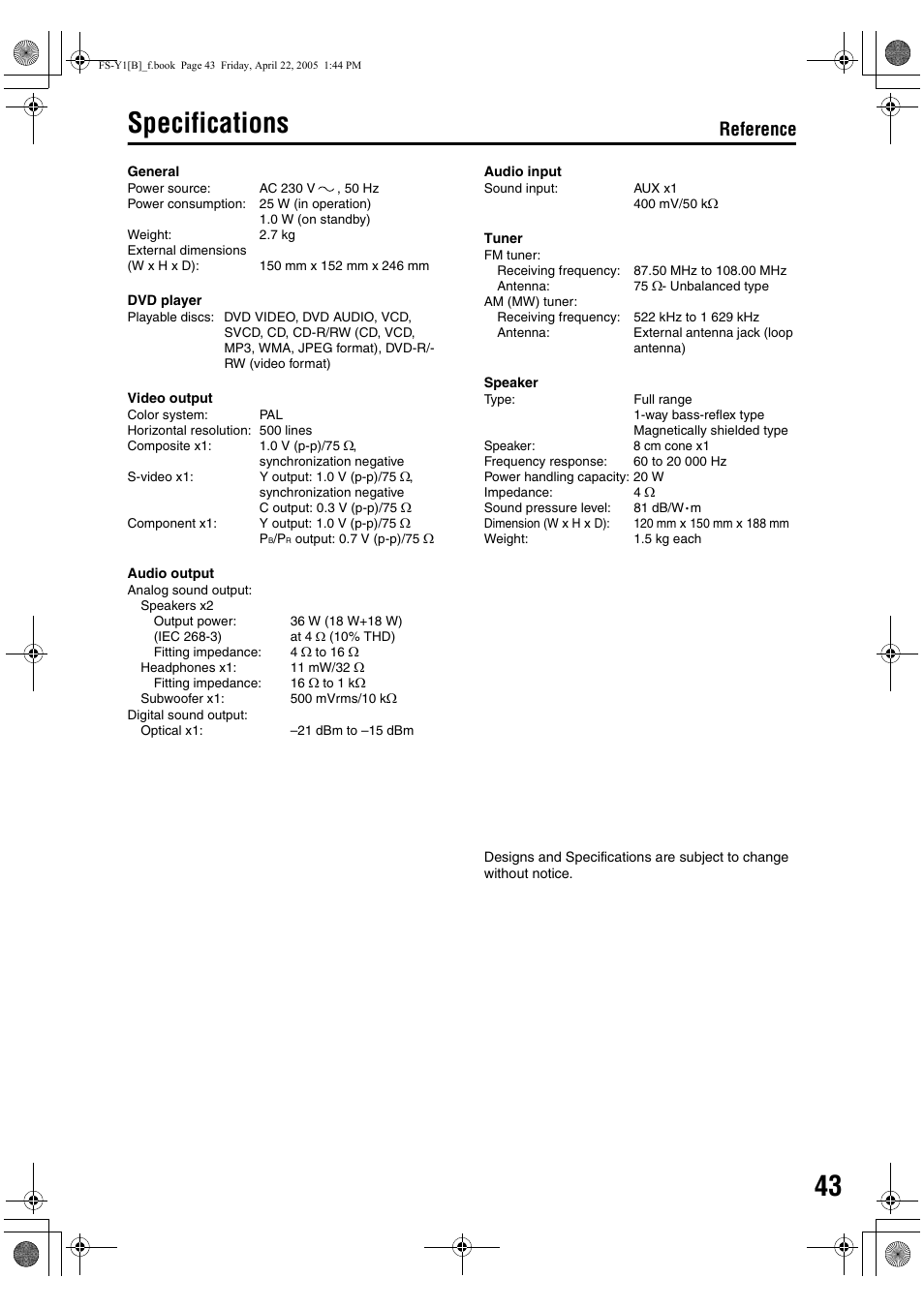 Specifications, Reference | JVC 0405AIMMDWJEM User Manual | Page 49 / 50