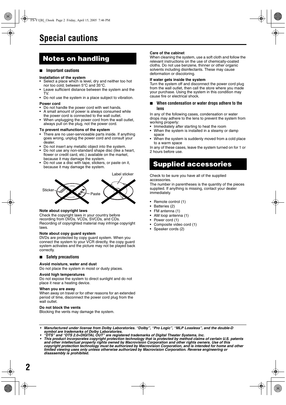 Special cautions, Supplied accessories | JVC 0405AIMMDWJEM User Manual | Page 8 / 50