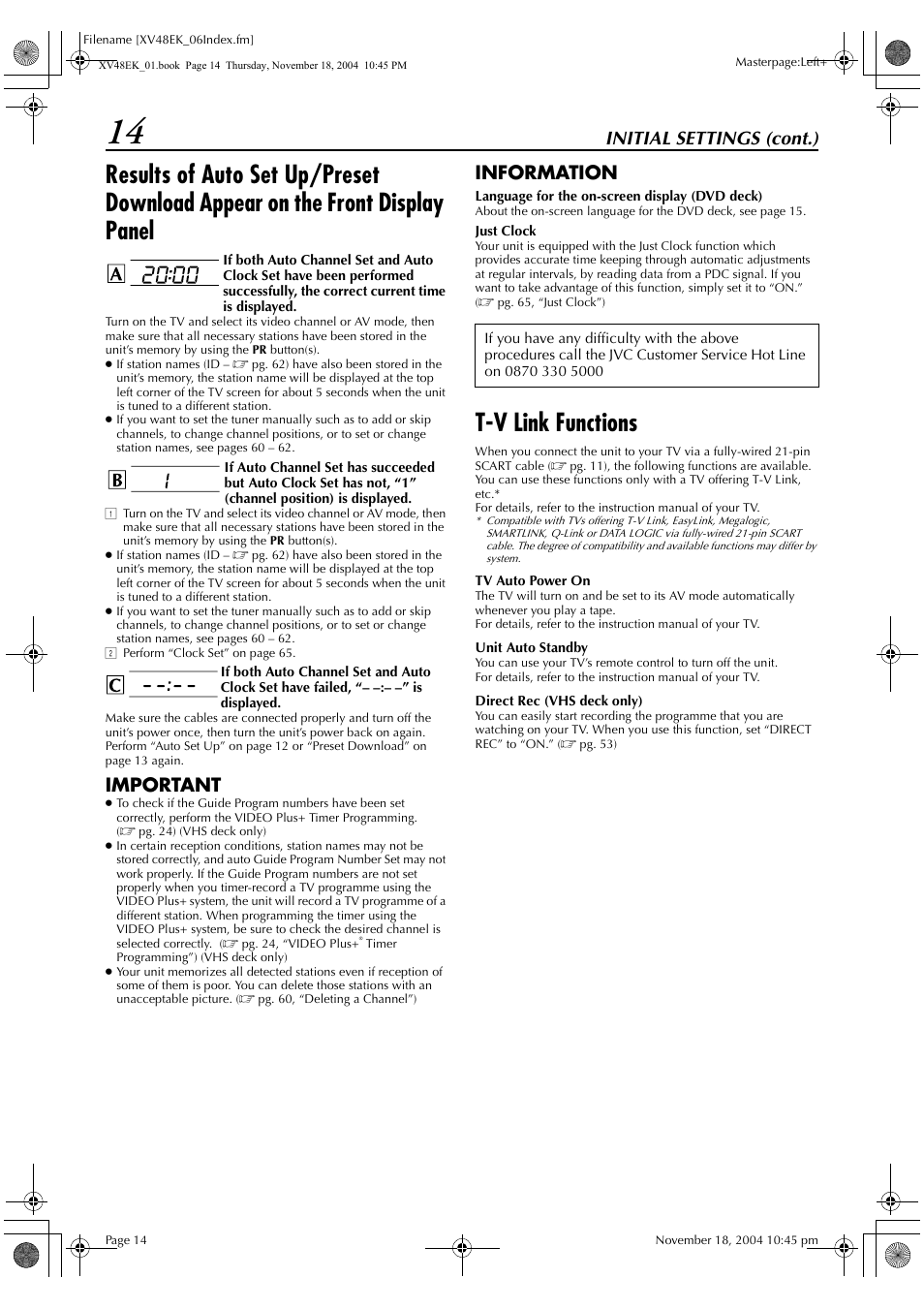 T-v link functions, Initial settings (cont.), Important | Information | JVC LPT0991-001A User Manual | Page 14 / 72