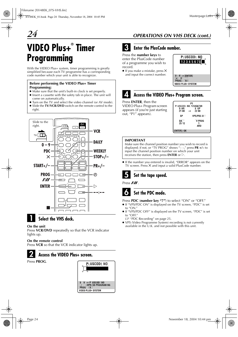 Video plus+ timer programming, 24 video plus, Timer programming | JVC LPT0991-001A User Manual | Page 24 / 72